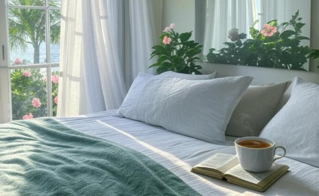A bed next to a huge window