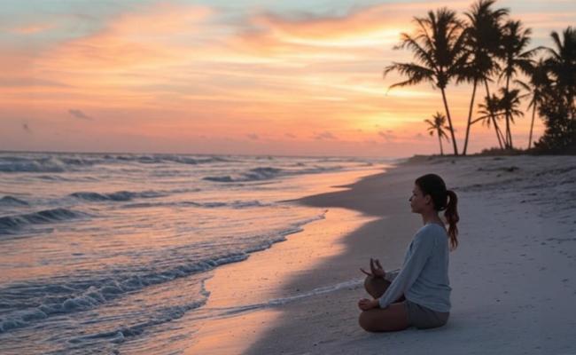 A woman meditating on a beach at sunset