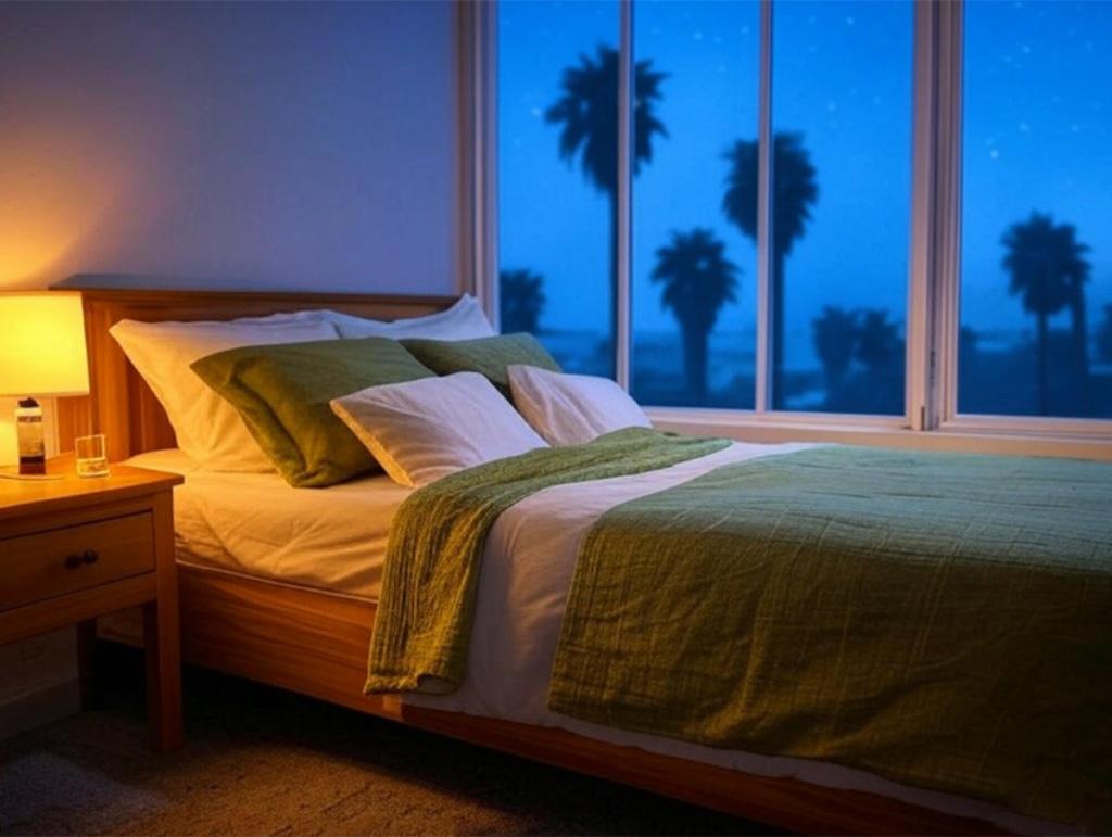A bed beside a glass door at dusk