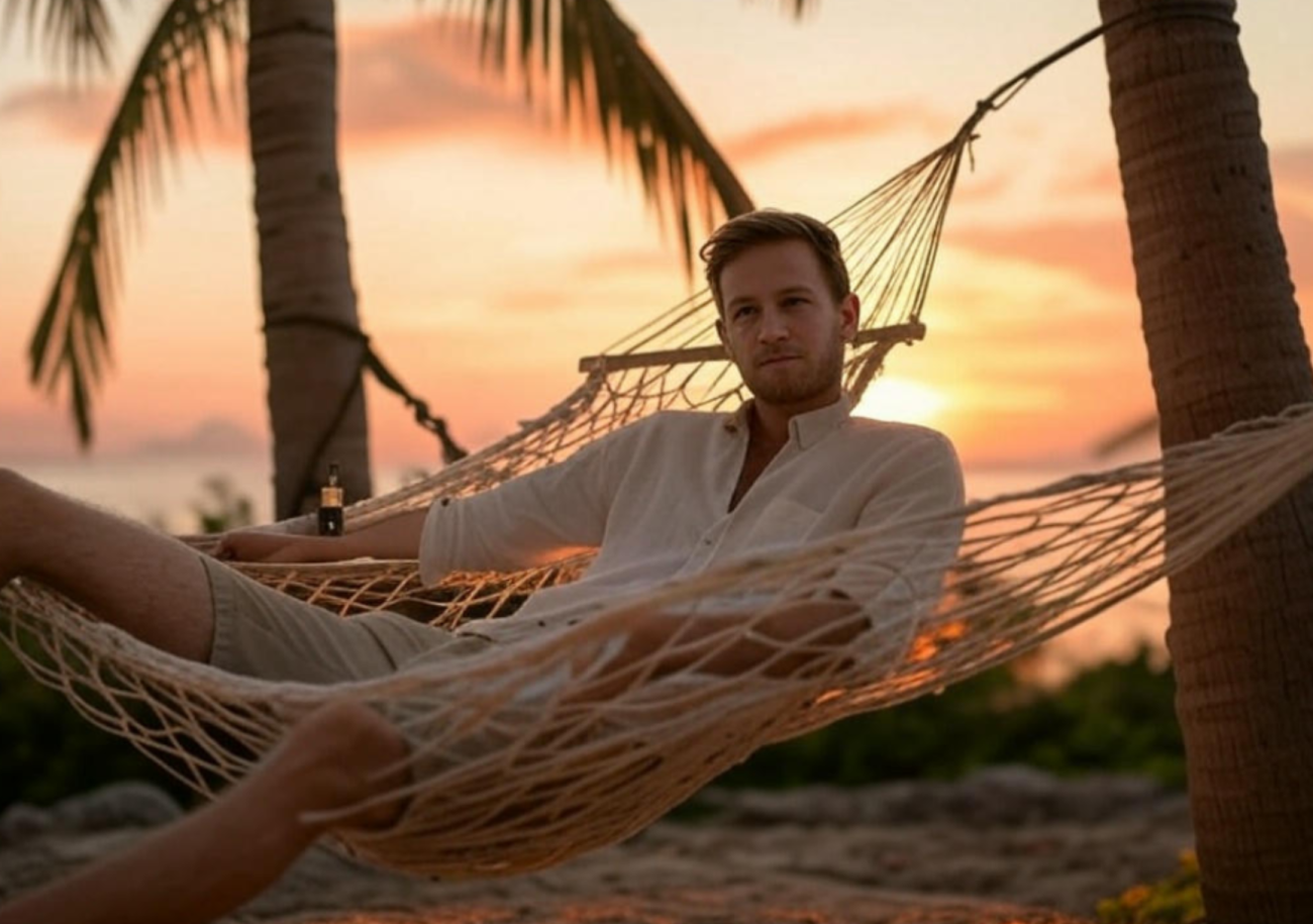 Man in hammock at sunset