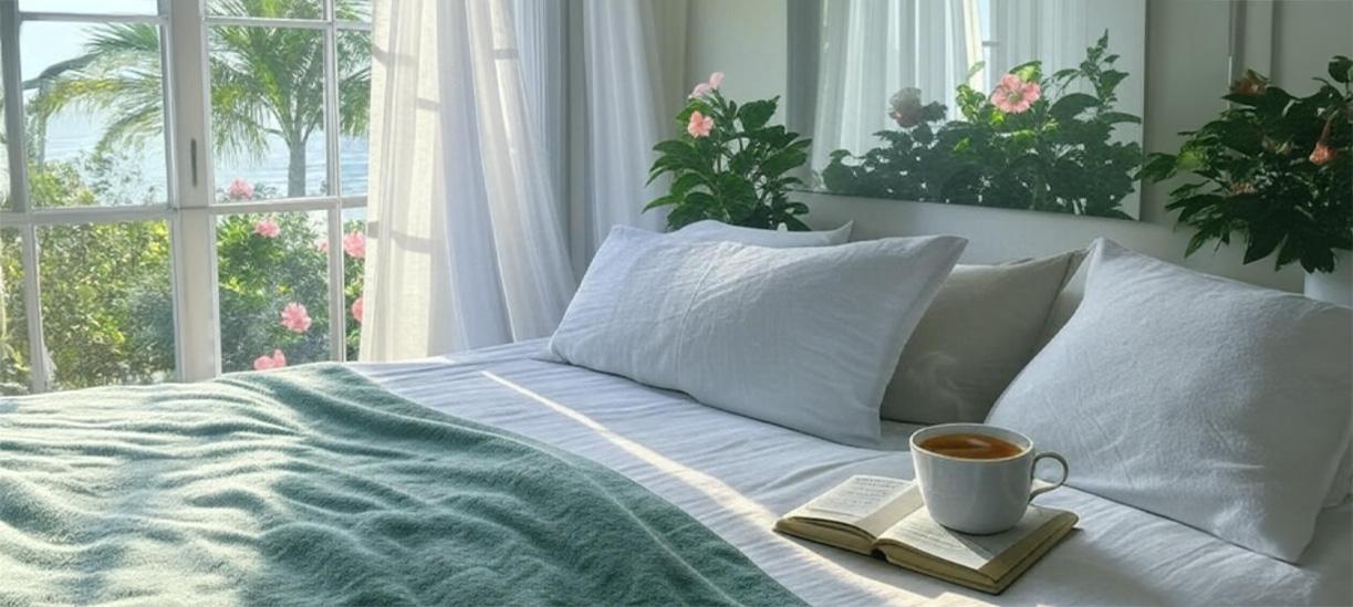 A bed next to a huge window