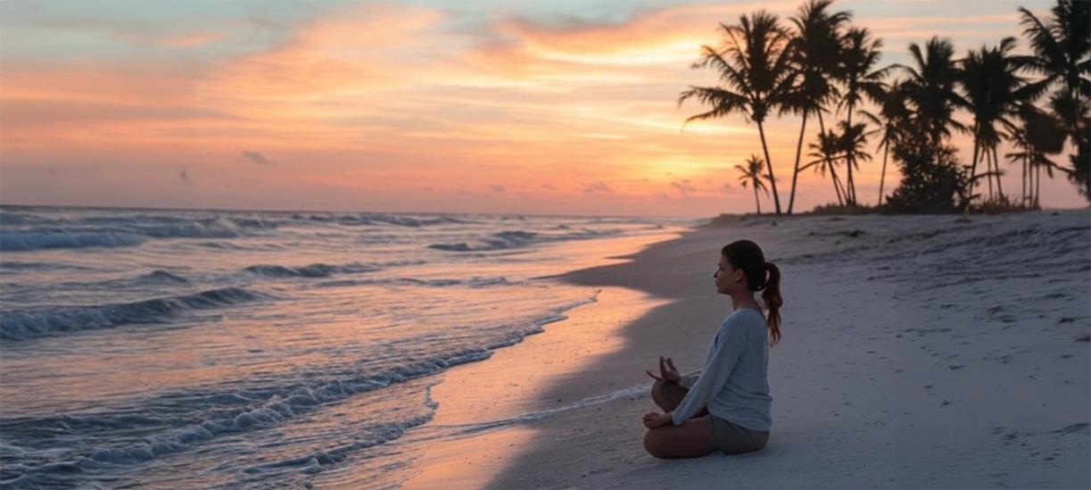 A woman meditating on a beach at sunset