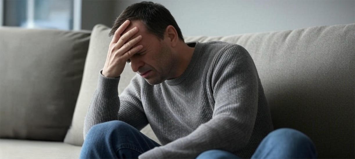 A man holding his head in his hand while sitting on a sofa.
